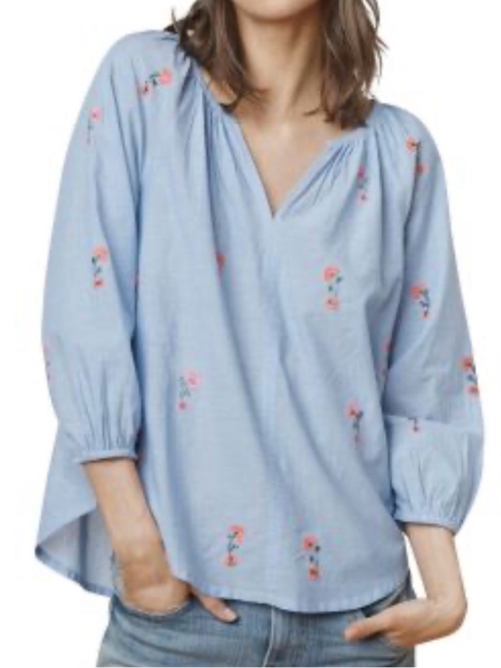 Velvet by Graham & Spencer Light Blue Floral Embroidered Peasant Tunic